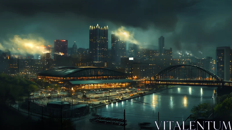 Nocturnal riverfront megastructure under storm-lit skyline.