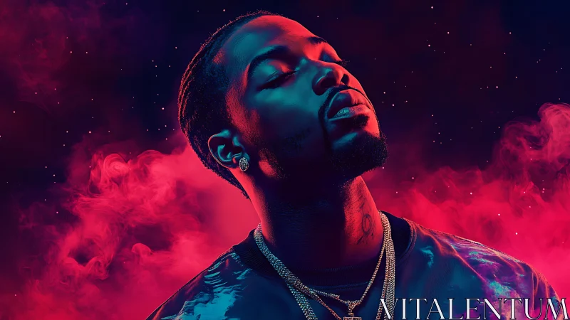 Neon-lit portrait of relaxed man in cosmic magenta smoke.