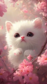 White Kitten Among Pink Cherry Blossoms.