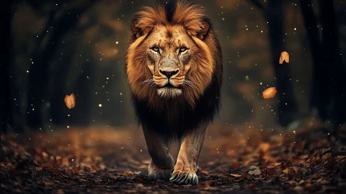 Powerful lion strides through glowing autumn forest path.