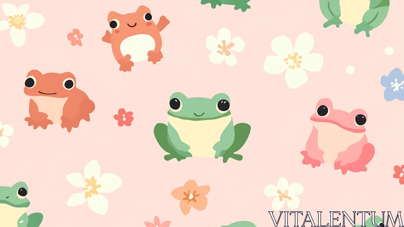 Cute cartoon frogs scatter across pastel floral background