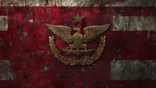 Bronze eagle crest rests on distressed red metal banner
