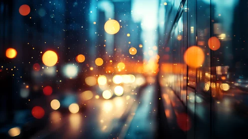 City lights blur across rainy glass in warm bokeh glow.