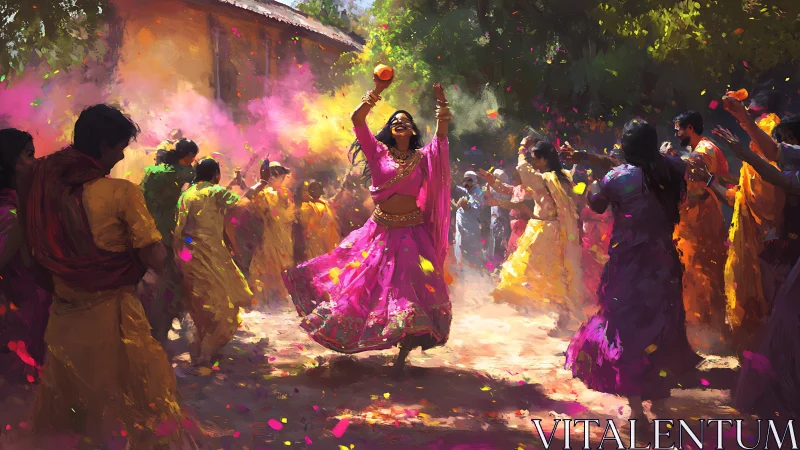 Joyful Holi Festival Dance Scene in Vibrant Impressionist Style.