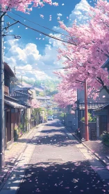 Cherry blossom lined residential street shows calm daylight