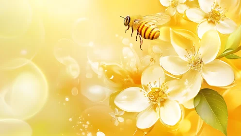 Honeybee over glowing white blossoms in golden light.