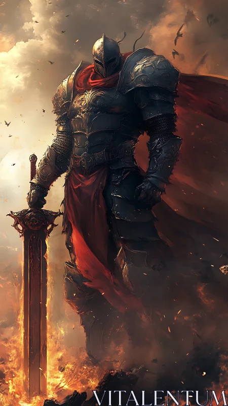 Firelit armored knight with blazing sword in storm.