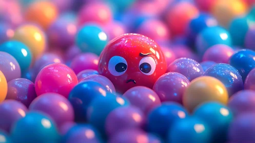 Lonely worried red ball glows amid soft rainbow colored spheres