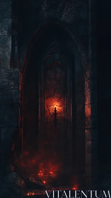 Gothic stone doorway with central torch and ember-lit floor