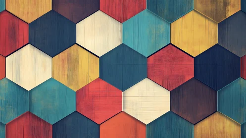 Hexagonal wooden tiles form staggered multicolor geometric lattice