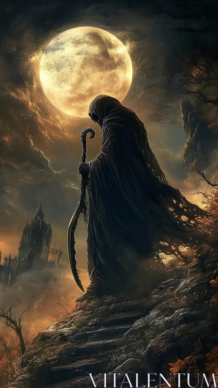 Moonlit reaper on a crumbling path between worlds.