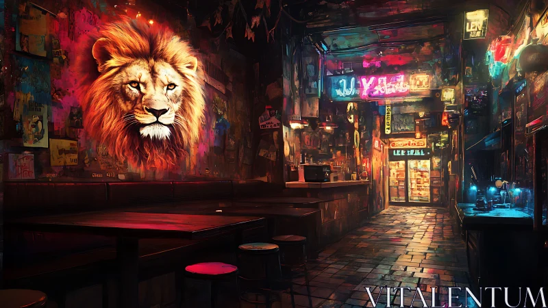 Bold lion mural glows warmly inside a neon drenched bar