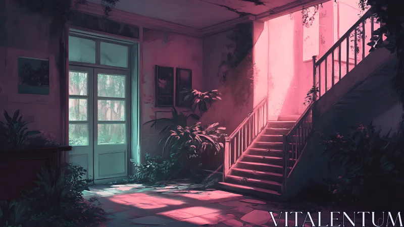 Sunlit ivy quietly reclaims a forgotten rose-tinted stairway