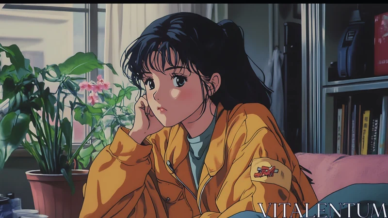 Pensive girl in yellow jacket by window with indoor plants.