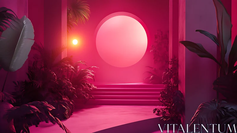 Geometric staircase courtyard under magenta neon lighting