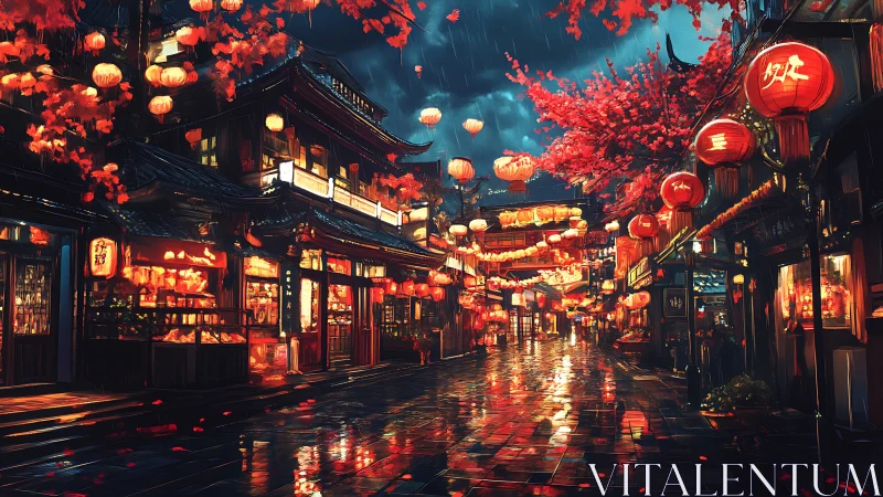 Lantern-lit old town glows under rainy festival night.