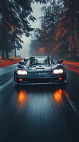 Supercar races through wet forest road in autumn rain.