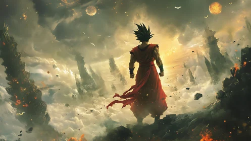 Epic anime warrior in apocalyptic skybound ruins composition.