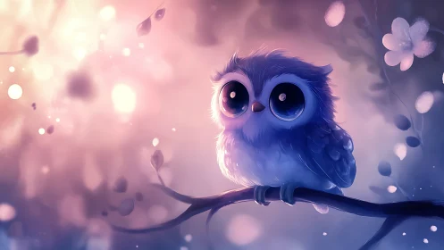 Adorable Big-Eyed Owl on Branch in Dreamy Pastel Fantasy Art.