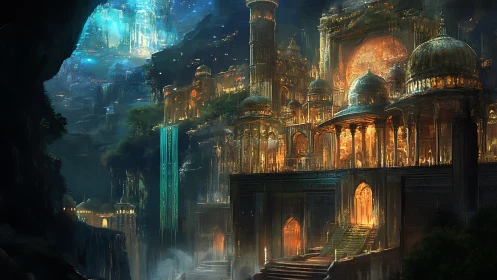 Glowborne cavern citadel of waterfalls and hidden starlight.