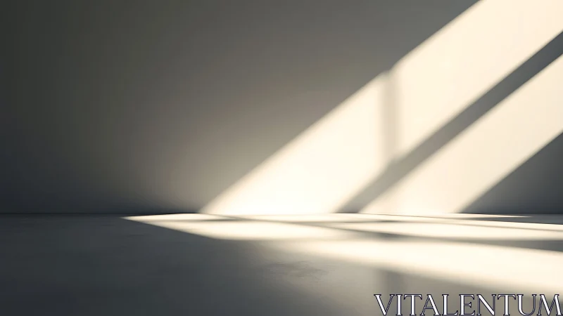 Sunlit geometric shadows stretch across empty interior wall.