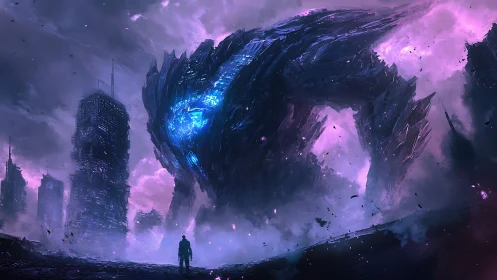 Colossal bioluminescent mech over dystopian skyline confrontation