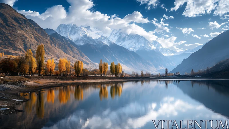 Mountain lake with autumn trees and snow covered peaks.