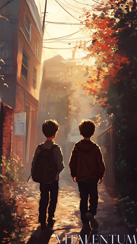 Two friends wandering home through a glowing autumn alley.