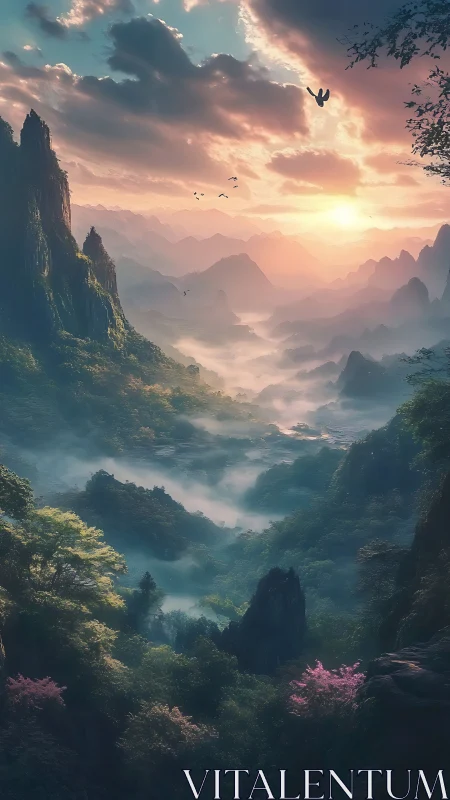 Sunlit mountain valley wrapped in dreamy pastel morning light.