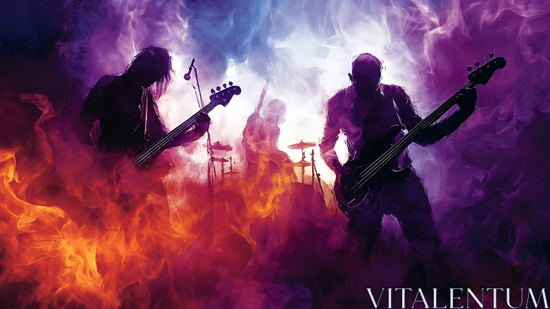 Rock band silhouettes in vivid purple and orange smoke.