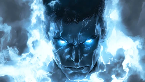 Intense blue energy figure with glowing eyes in smoke.