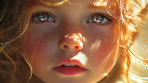 Digital portrait of child with glowing blue eyes in warm light.