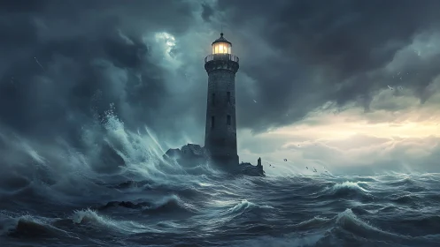 Storm-tossed lighthouse stands amid towering ocean waves.