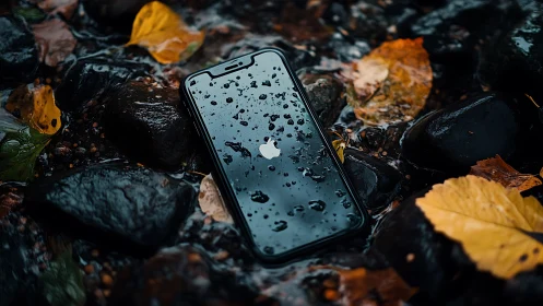Photorealistic smartphone on wet river stones with autumn leaves.