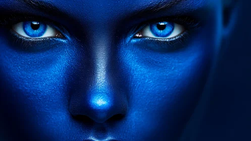 Close frontal view of blue-toned human face and eyes.