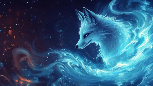 Celestial fox spirit emerges from swirling cosmic nebula