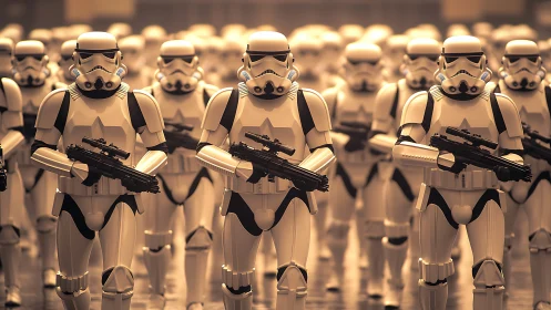 Helmeted ranks march through molten gold morning haze