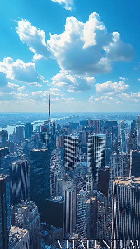 Sunlit skyscrapers rise beneath vast clouds over cityscape.