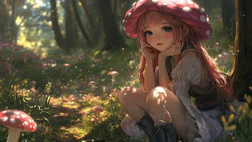Mushroom-hooded forest girl in luminous bokeh woodland scene.