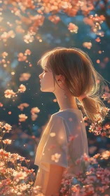 Side profile of young woman in dense floral environment.