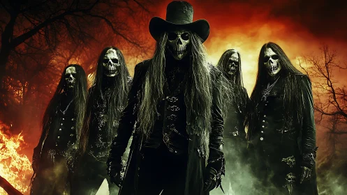 Skeleton-masked metal band in fiery forest scene.