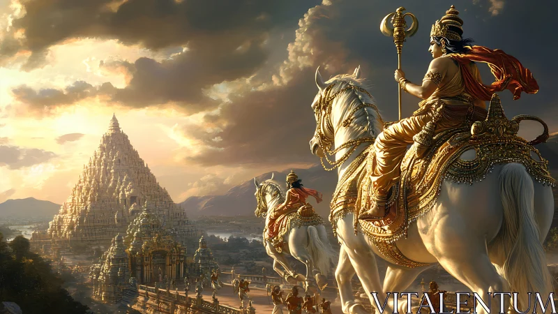 Warriors on ornate white steeds advance toward sunlit temple