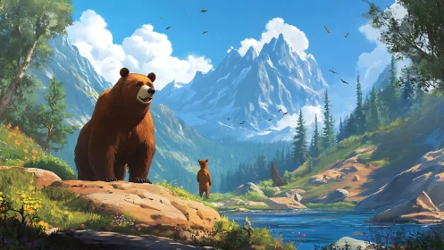 Gentle brown bears exploring a sunny mountain valley.