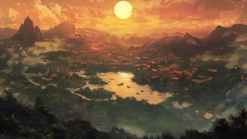 Sunlit valley city glows beneath radiant golden sunset sky