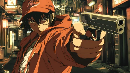 Hooded anime character aims handgun in narrow neon alley