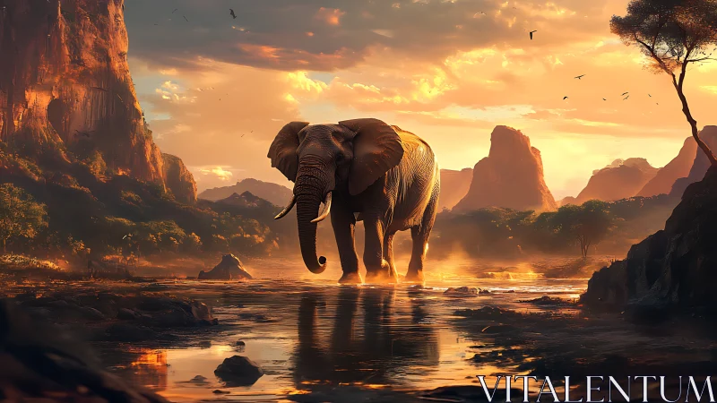Sunset monarch elephant strides through molten riverlands.