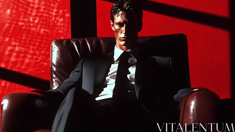 Intense businessman in shadowed leather chair against red wall.