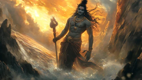 Mythic sea god strides through storm-lit fiery waves.
