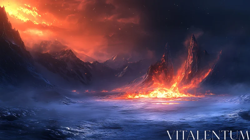 Volcanic eruption with fire peaks and snow landscape
