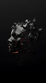 Shattered black 3D face dissolving in dark void space.